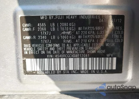 2013 Subaru Outback 2.5I Premium z USA, uszkodzony, nr VIN 4S4BRCGCXD3212081